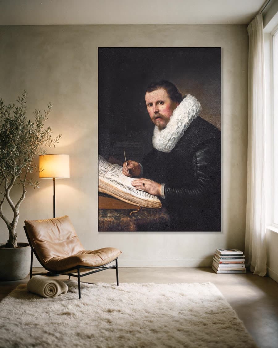 Geleerde aan zijn schrijftafel in een aluminium frame aan dezelfde muur