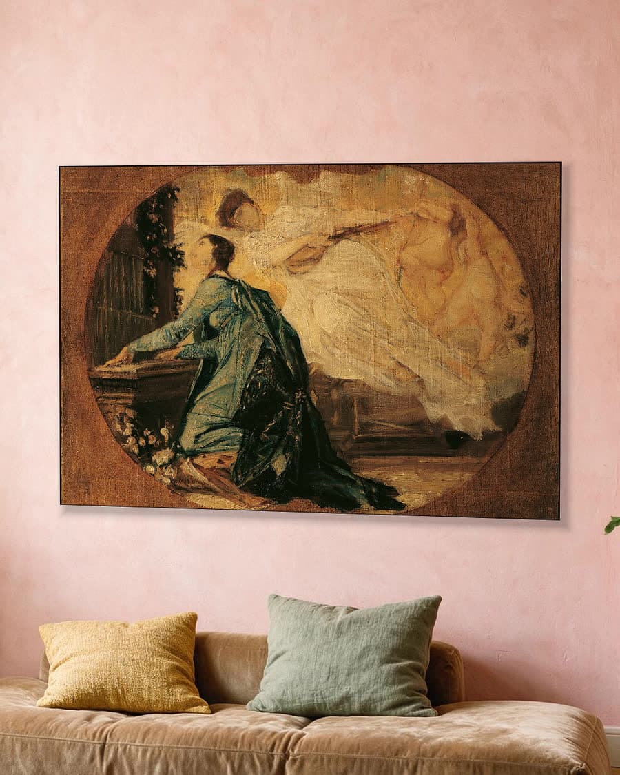 Allegorie van de heilige muziek in een aluminium frame aan dezelfde muur