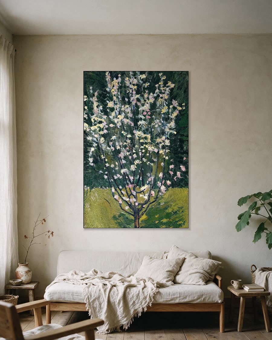 Bloeiend boompje in een aluminium frame aan dezelfde muur
