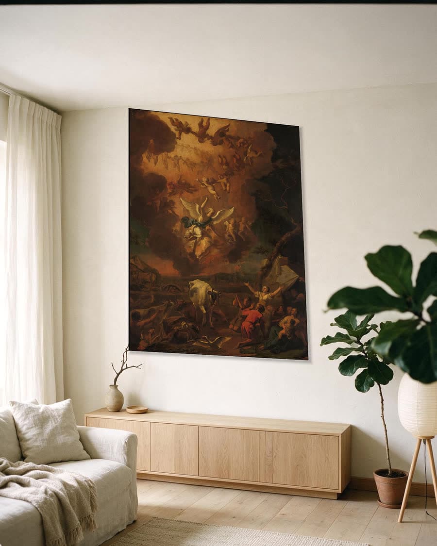 De verkondiging aan de herders in een aluminium frame aan dezelfde muur