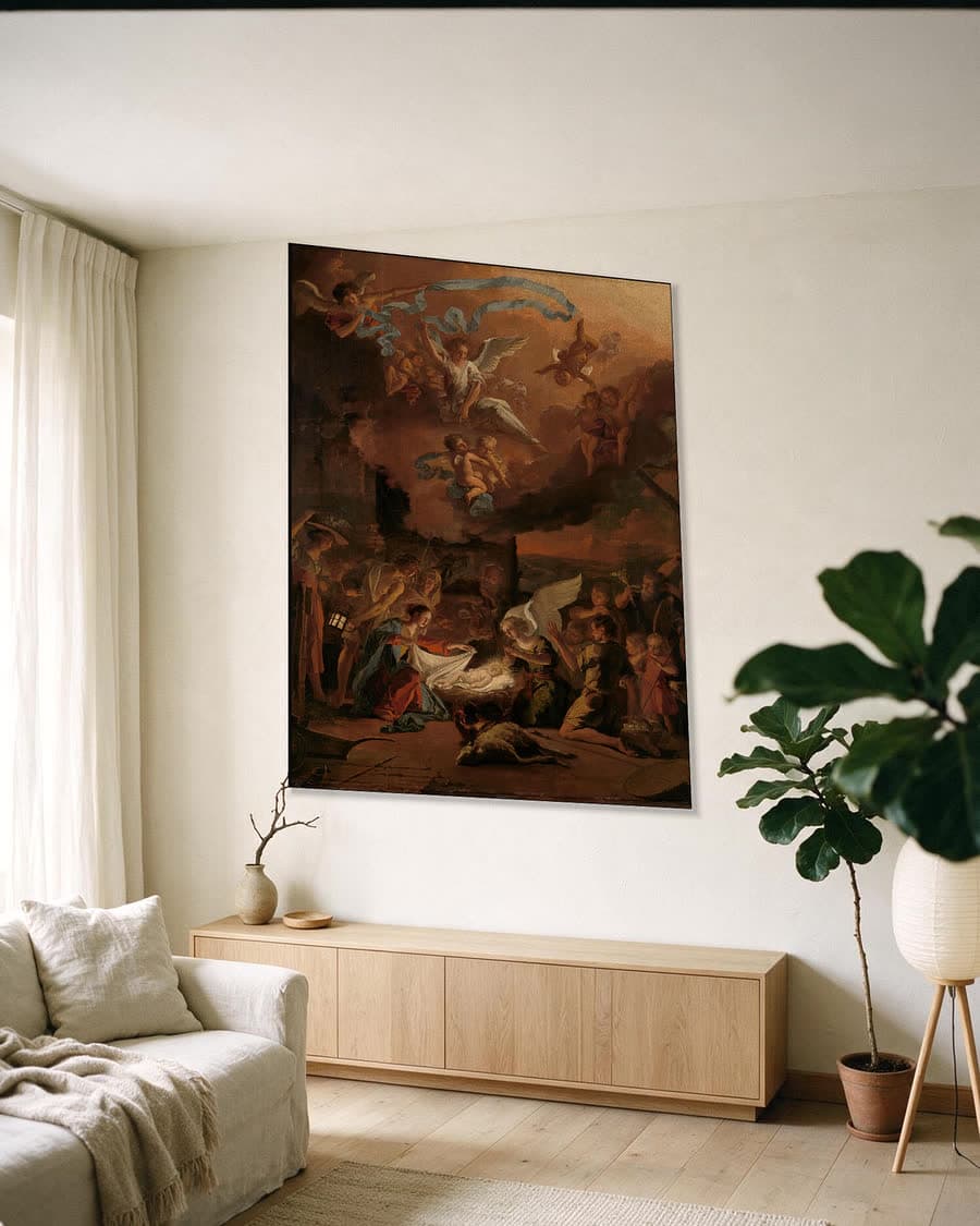 De aanbidding der herders in een aluminium frame aan dezelfde muur