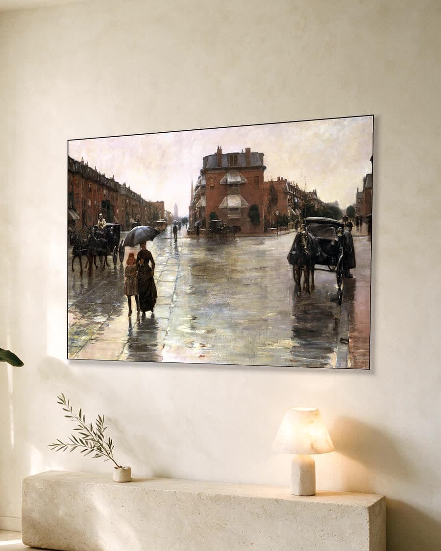 Regenachtige dag, Boston in een aluminium frame aan dezelfde muur