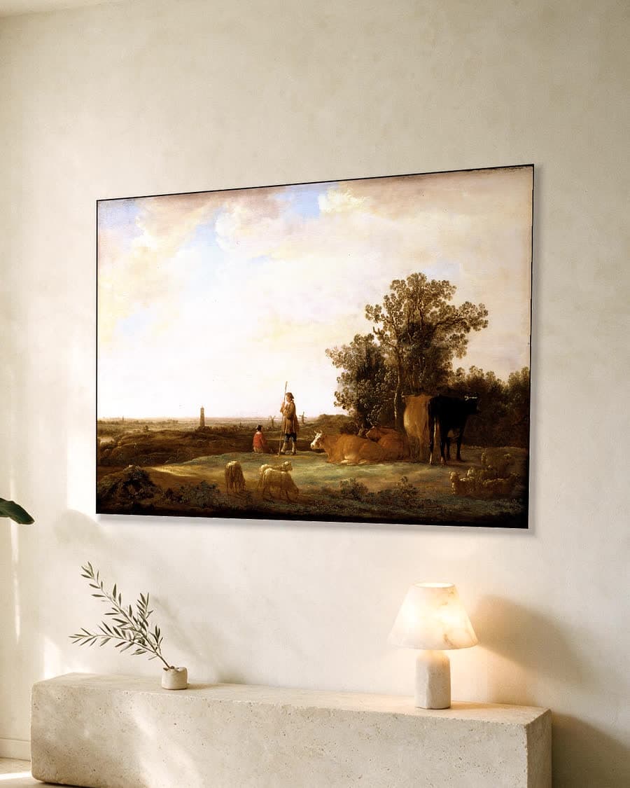 Uitzicht over de vlakte met herder en vee in een aluminium frame aan dezelfde muur
