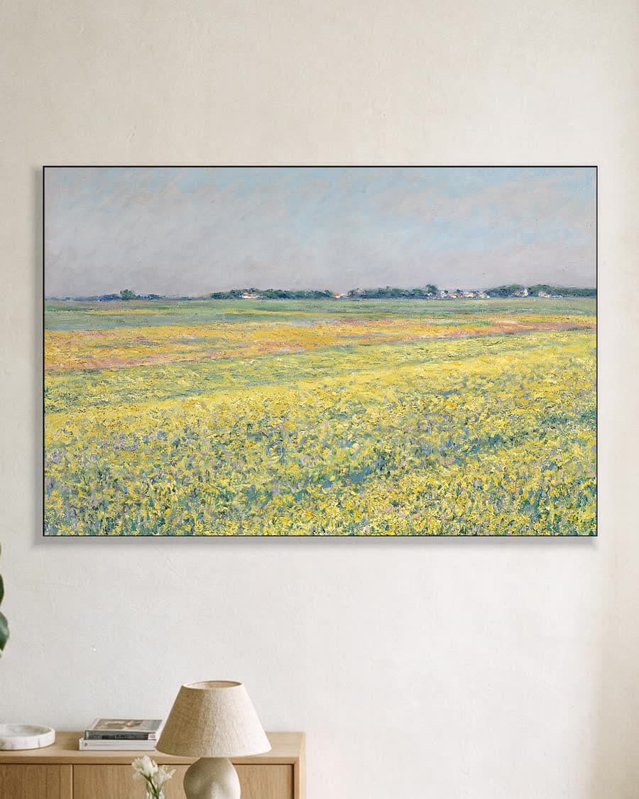 De vlakte van Gennevilliers, gele velden in een aluminium frame aan dezelfde muur