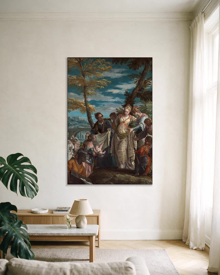 De vondst van Mozes in een aluminium frame aan dezelfde muur