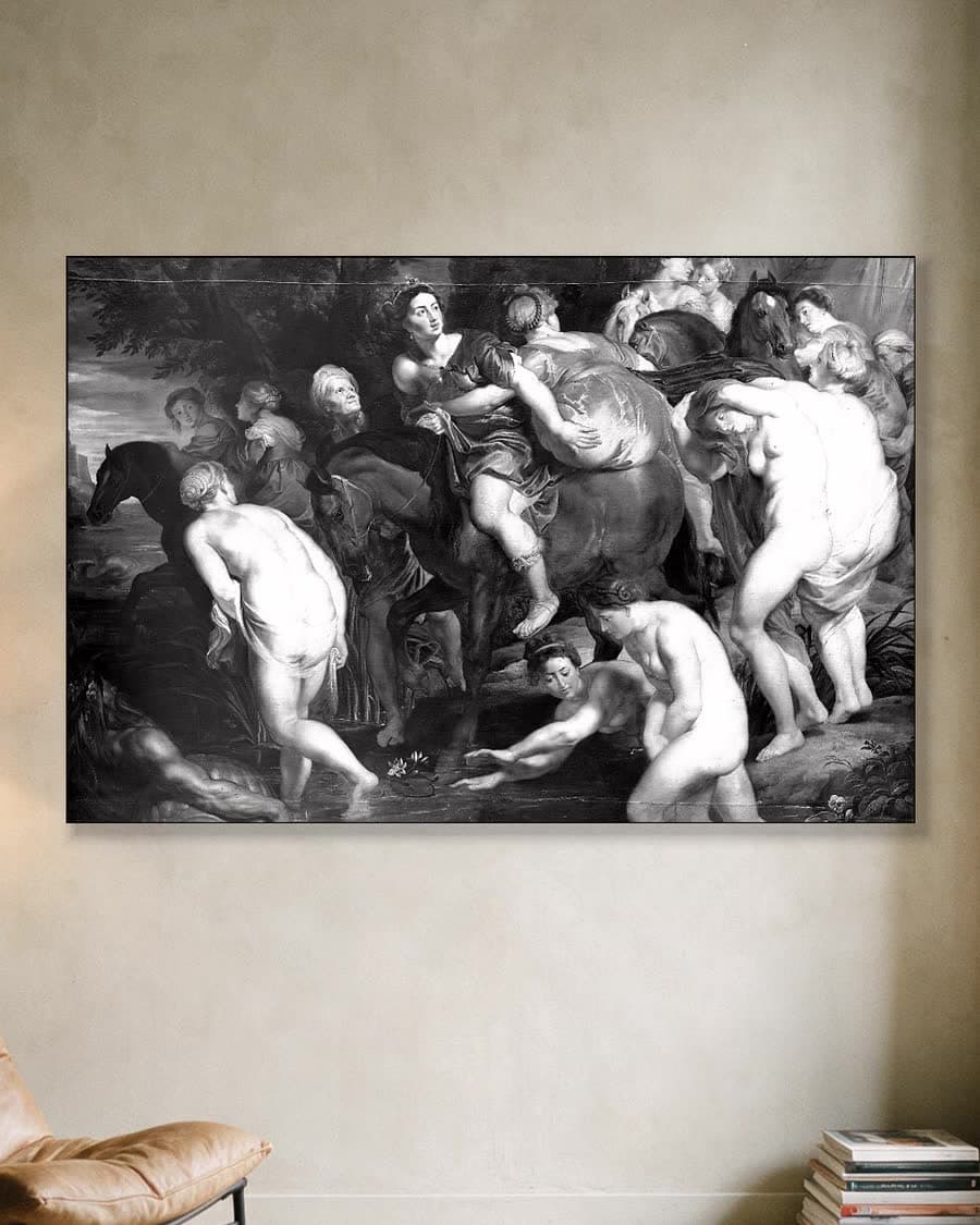 De vlucht van Cloelia in een aluminium frame aan dezelfde muur