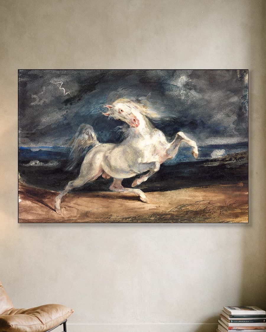 Paard verschrikt door de bliksem in een aluminium frame aan dezelfde muur