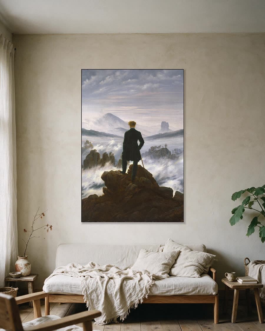 De Zwerver boven de Nevelzee in een aluminium frame aan dezelfde muur