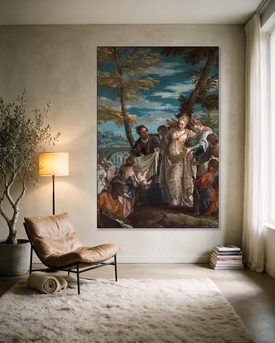 De vondst van Mozes in een aluminium frame aan dezelfde muur