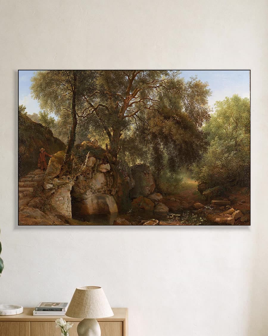 Gezicht in het park van de Villa Chigi bij Ariccia in een aluminium frame aan dezelfde muur