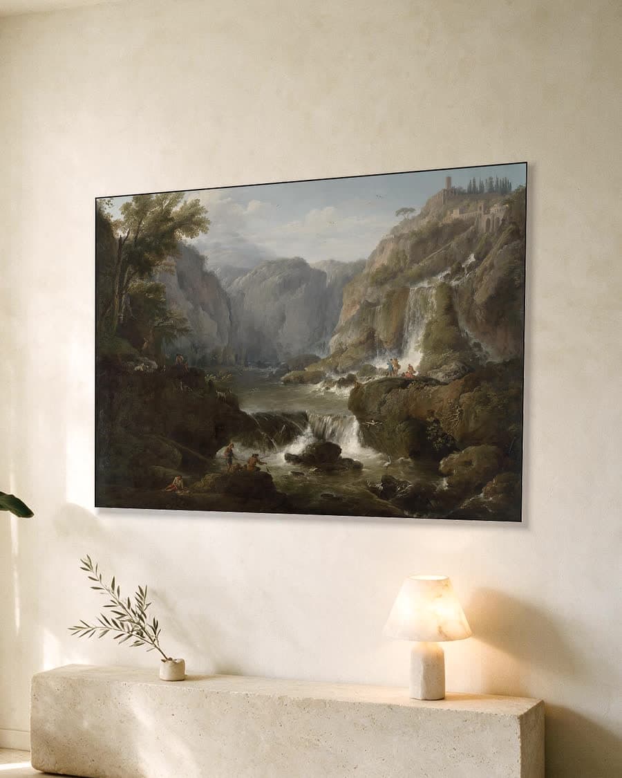 De watervallen bij Tivoli in een aluminium frame aan dezelfde muur