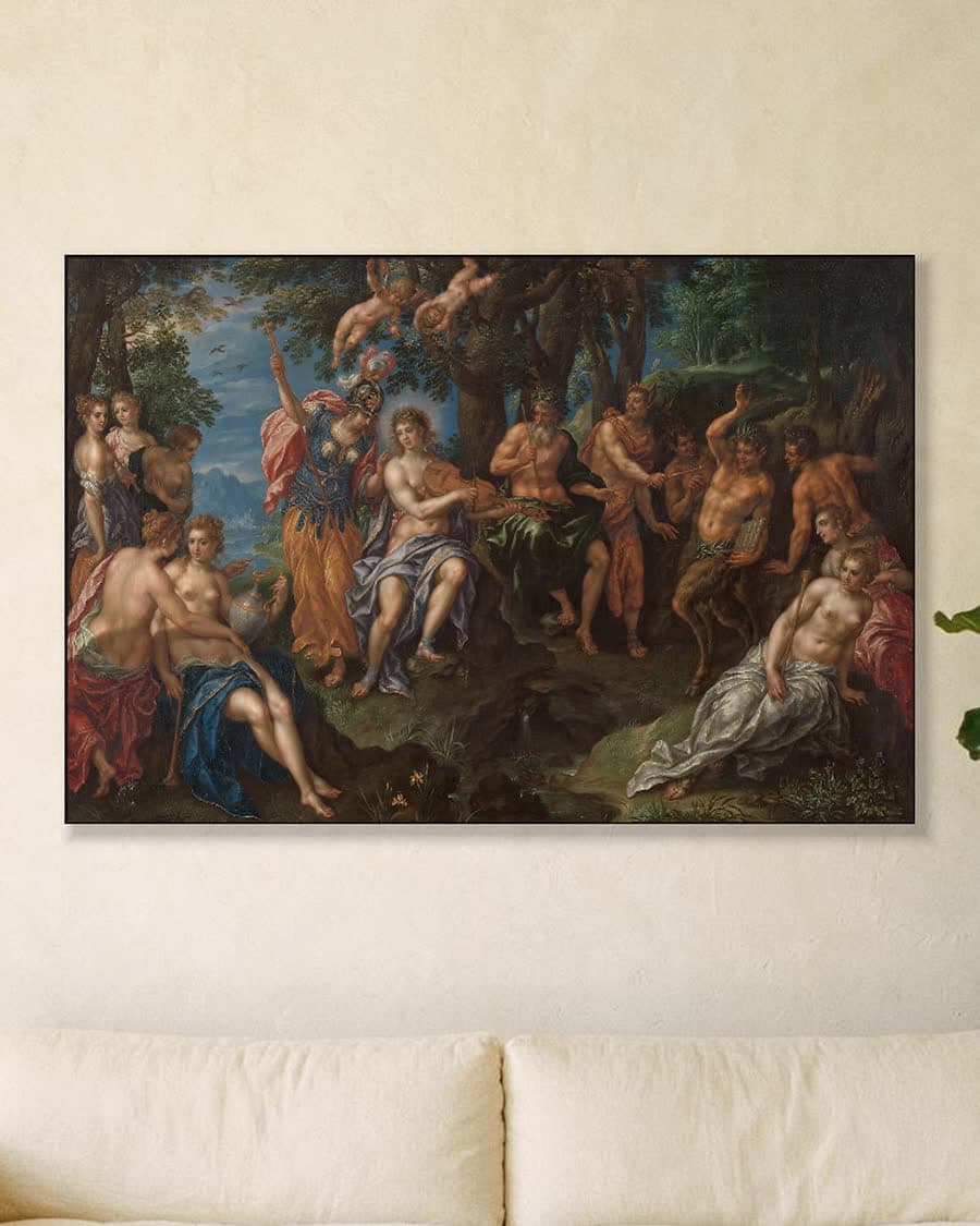 De wedstrijd tussen Apollo en Pan in een aluminium frame aan dezelfde muur