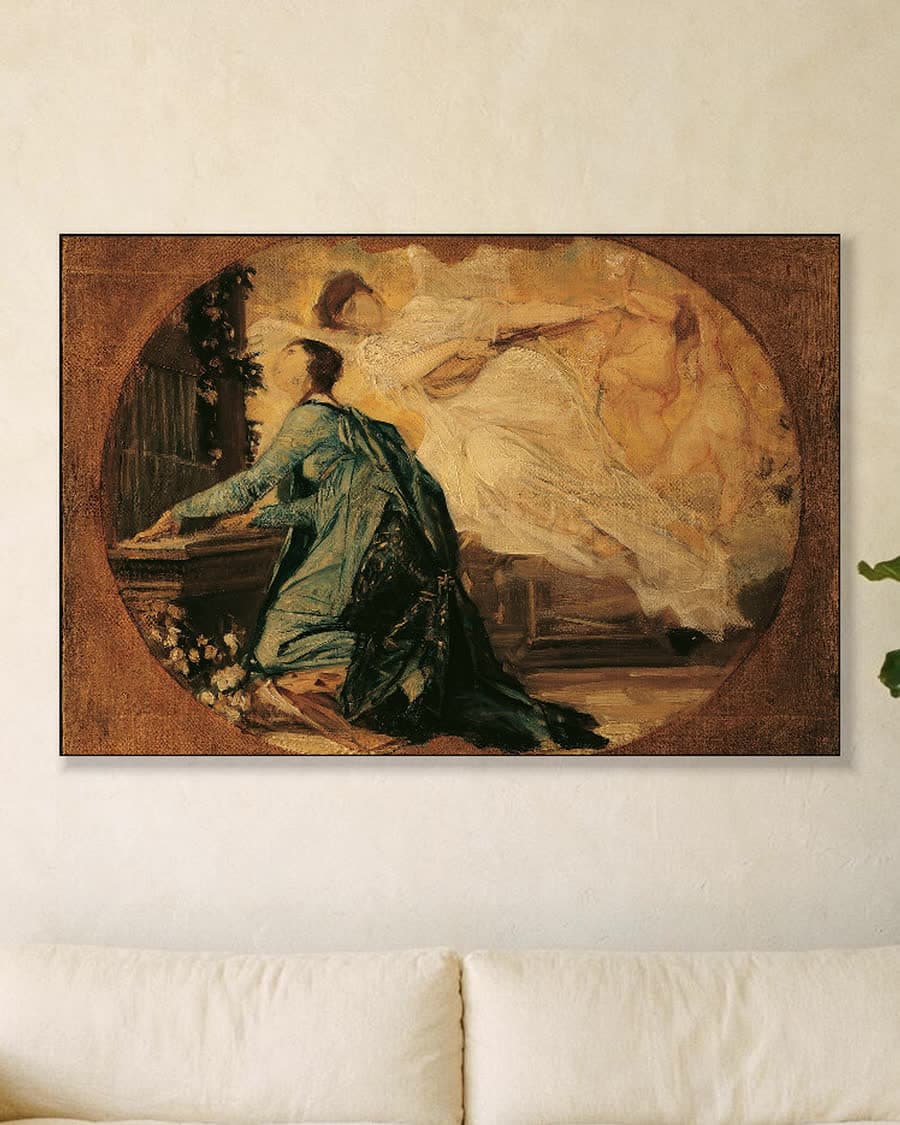 Allegorie van de heilige muziek in een aluminium frame aan dezelfde muur