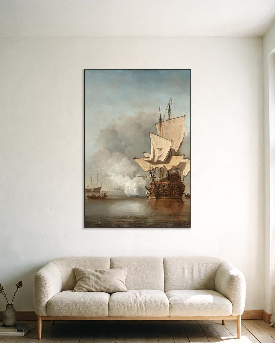 Het kanonschot in een aluminium frame aan dezelfde muur