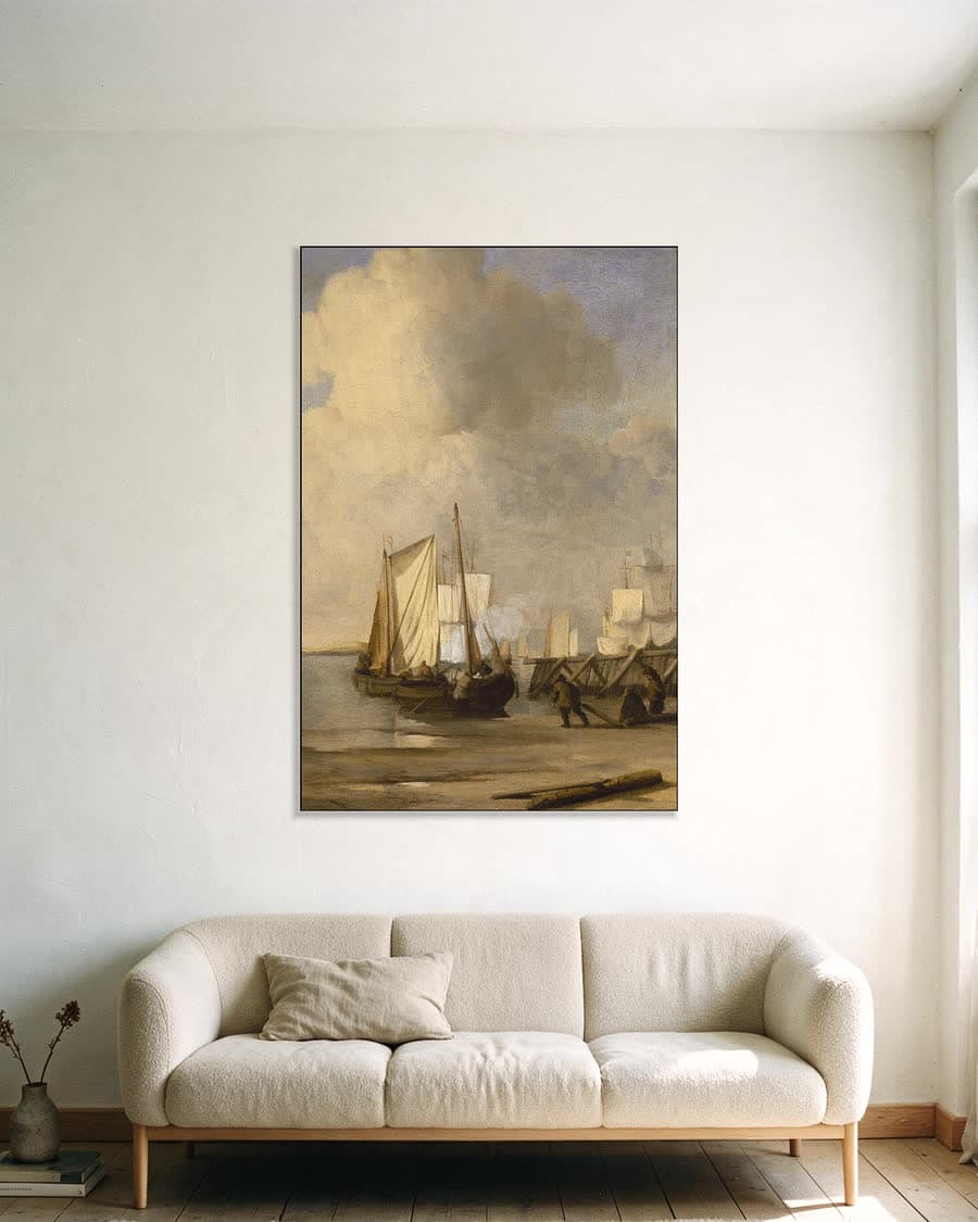 Een kaag komt aan land bij een strekdam in een aluminium frame aan dezelfde muur