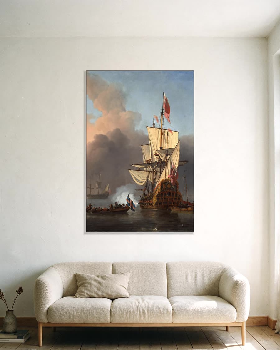 Een Engels oorlogsschip lost een saluutschot in een aluminium frame aan dezelfde muur