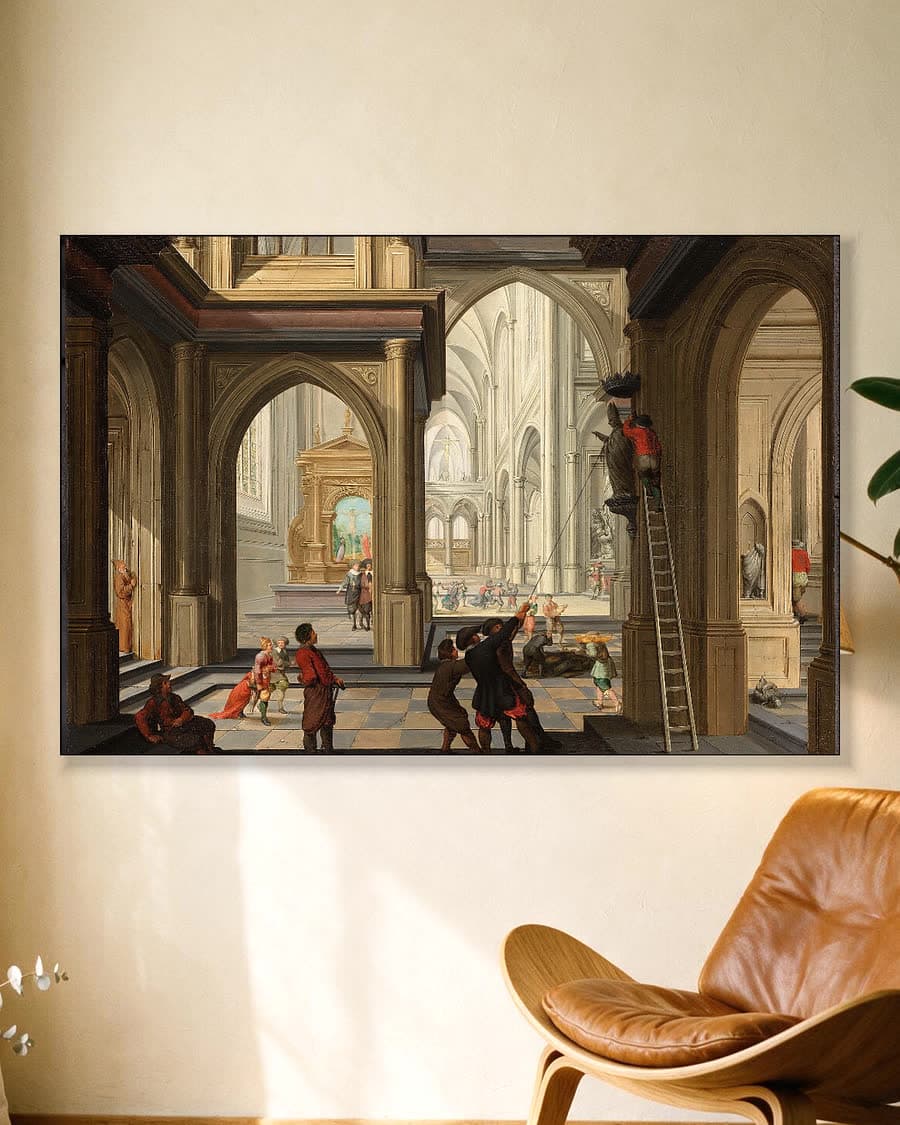 Beeldenstorm in een kerk in een aluminium frame aan dezelfde muur