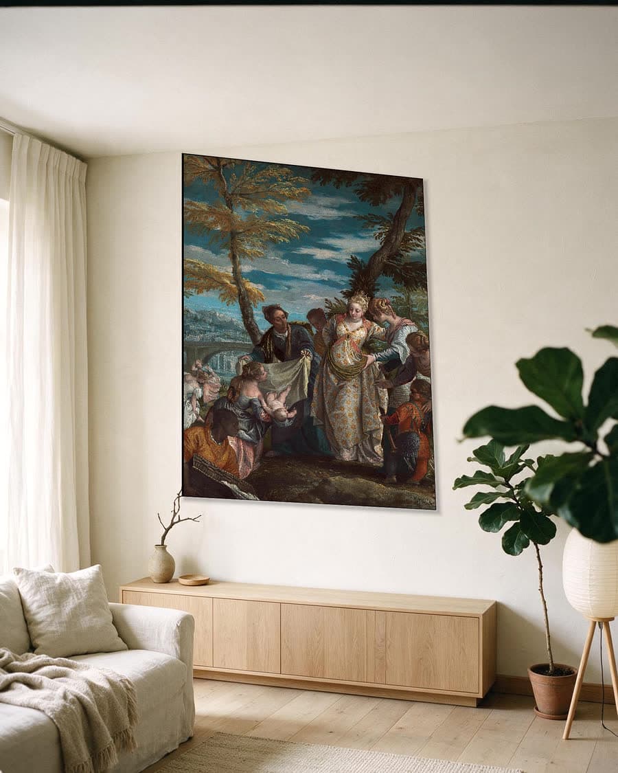 De vondst van Mozes in een aluminium frame aan dezelfde muur