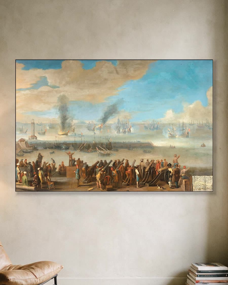 De zeeslag bij Livorno, 14 maart 1653 in een aluminium frame aan dezelfde muur