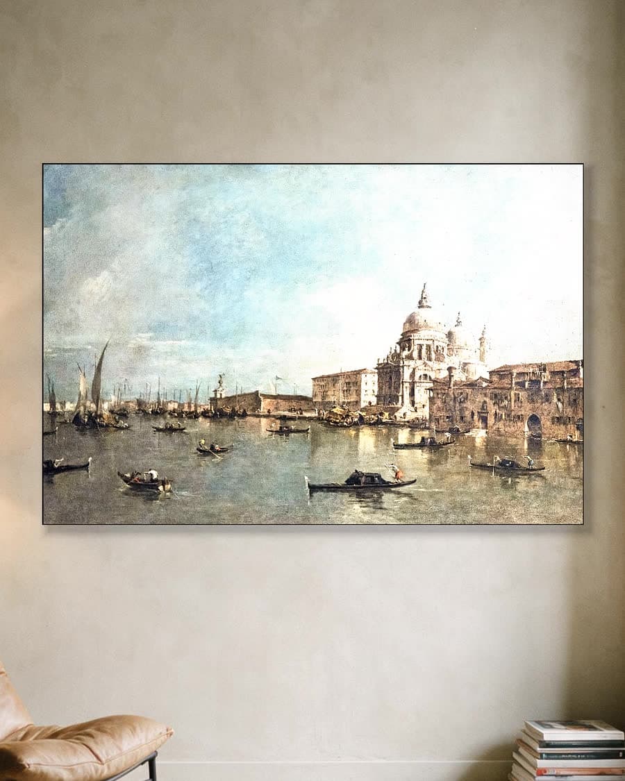 Venetiaanse gracht met Santa Maria della Salute in een aluminium frame aan dezelfde muur