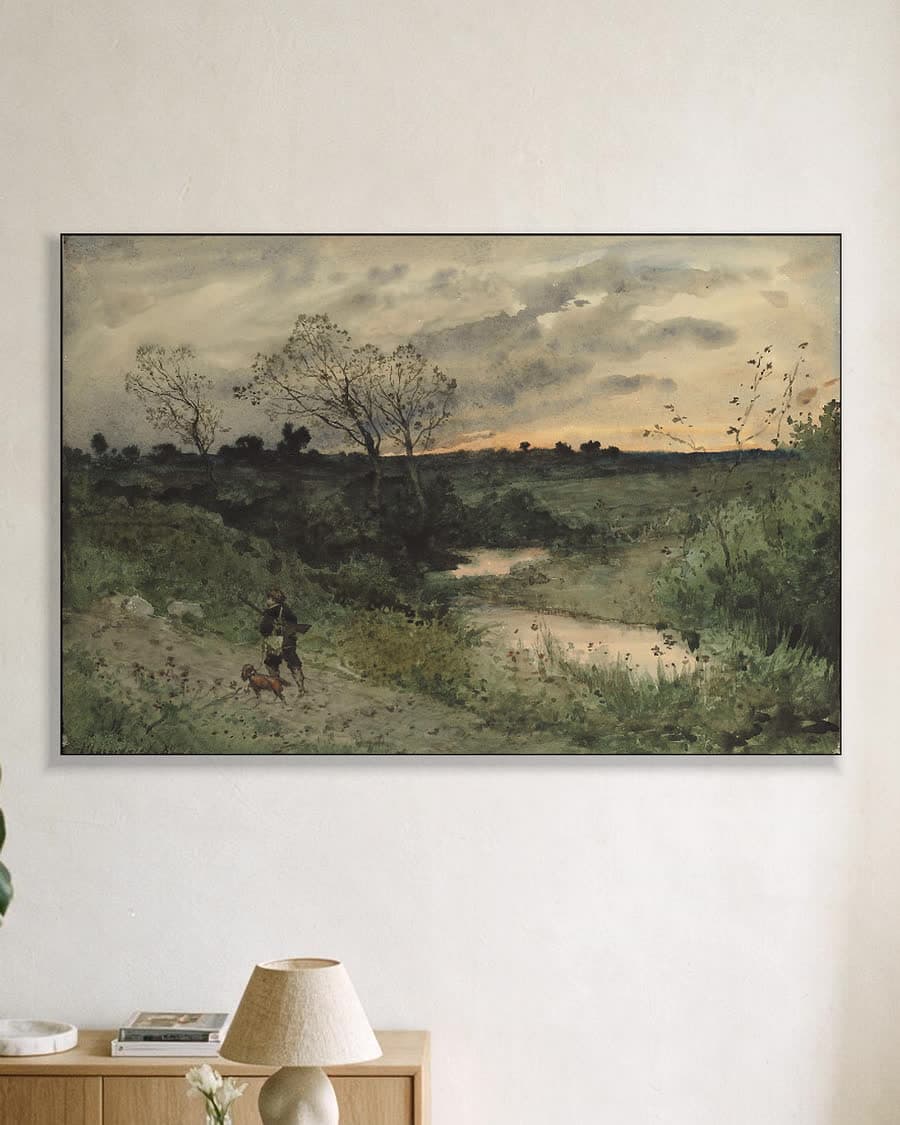 Avondwandeling langs de beek in een aluminium frame aan dezelfde muur