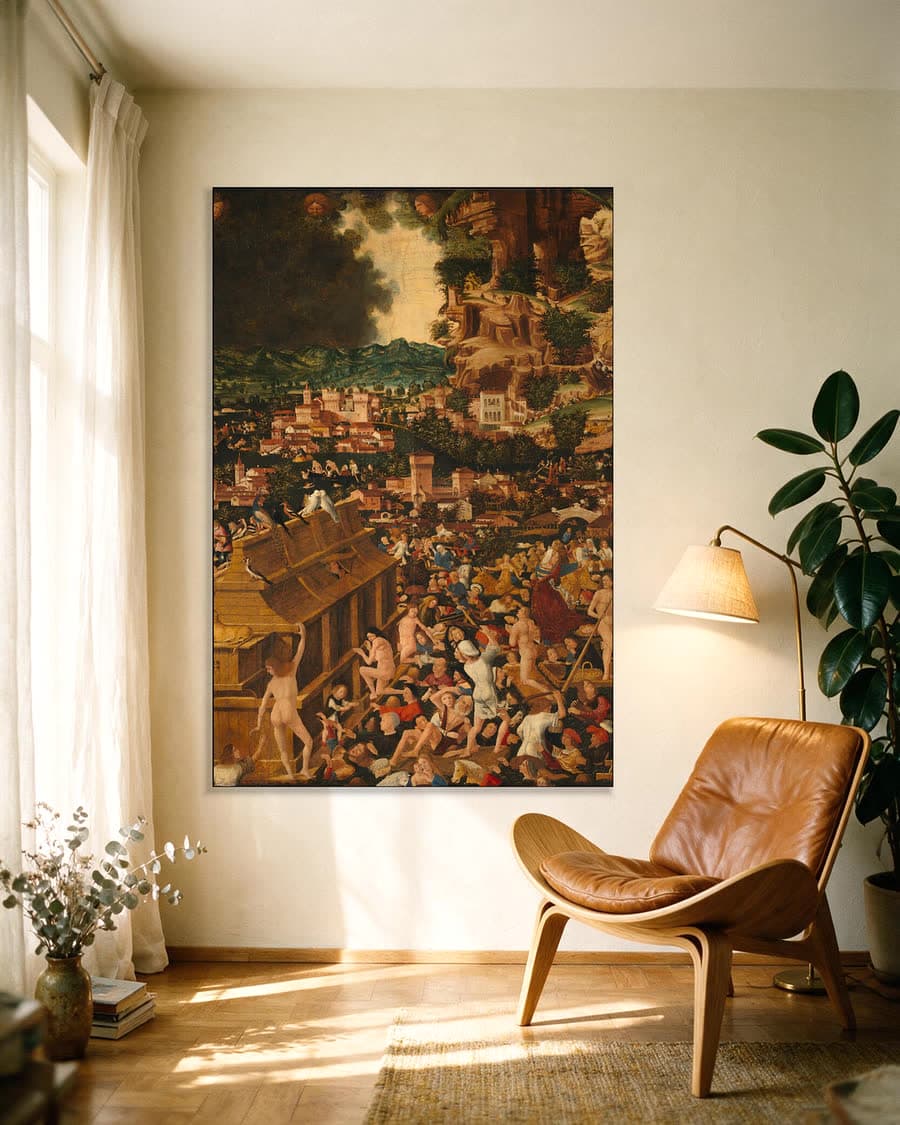 De zondvloed in een aluminium frame aan dezelfde muur