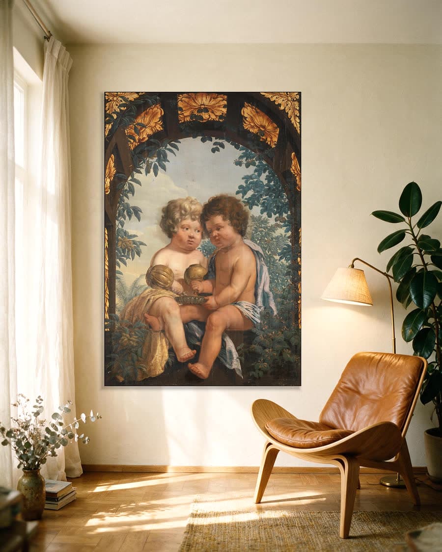 Christelijke allegorie met twee kinderen die elk een karaf vasthouden in een aluminium frame aan dezelfde muur