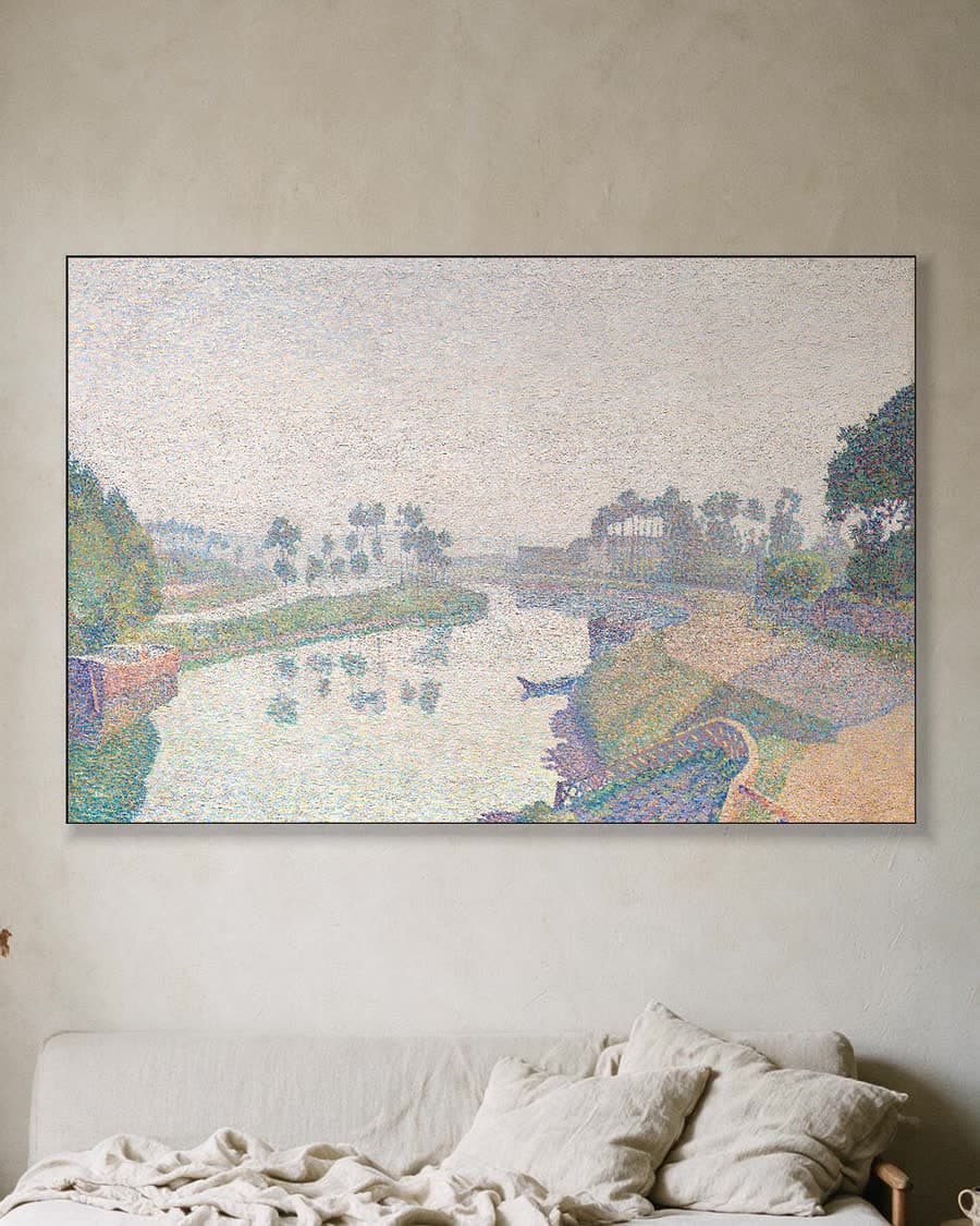De oevers van de Oise bij dageraad in een aluminium frame aan dezelfde muur