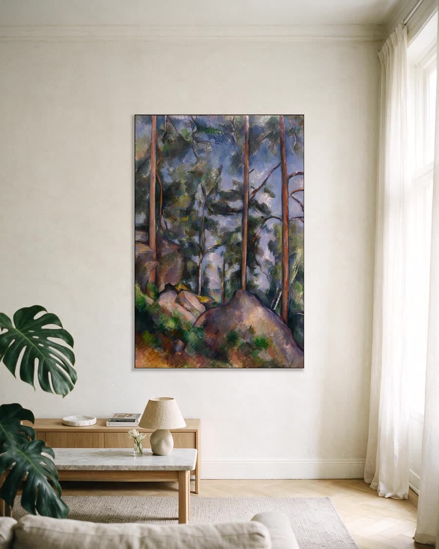 Dennen en rotsen bij Fontainebleau in een aluminium frame aan dezelfde muur