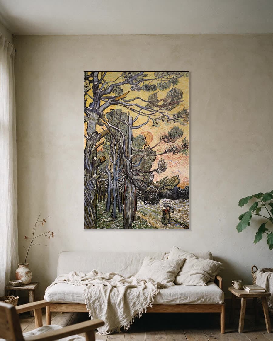 Dennenbomen bij zonsondergang in een aluminium frame aan dezelfde muur
