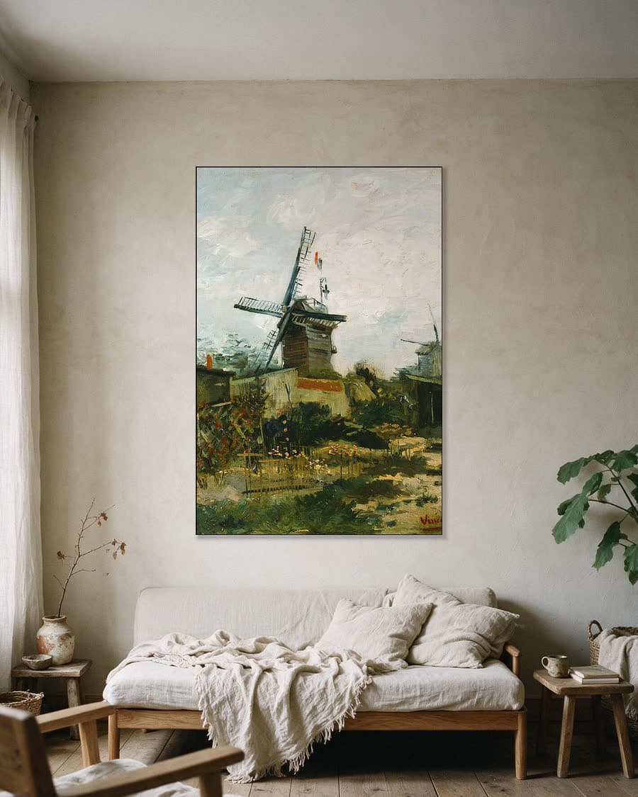 Molens op Montmartre in een aluminium frame aan dezelfde muur