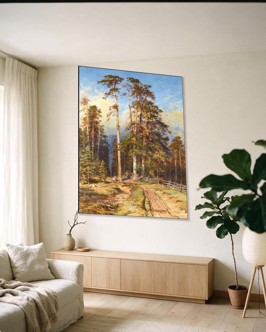 Dennenbos in een aluminium frame aan dezelfde muur