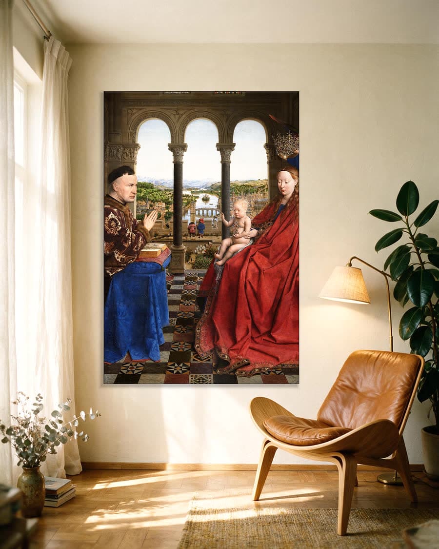 De Madonna van kanselier Rolin in een aluminium frame aan dezelfde muur