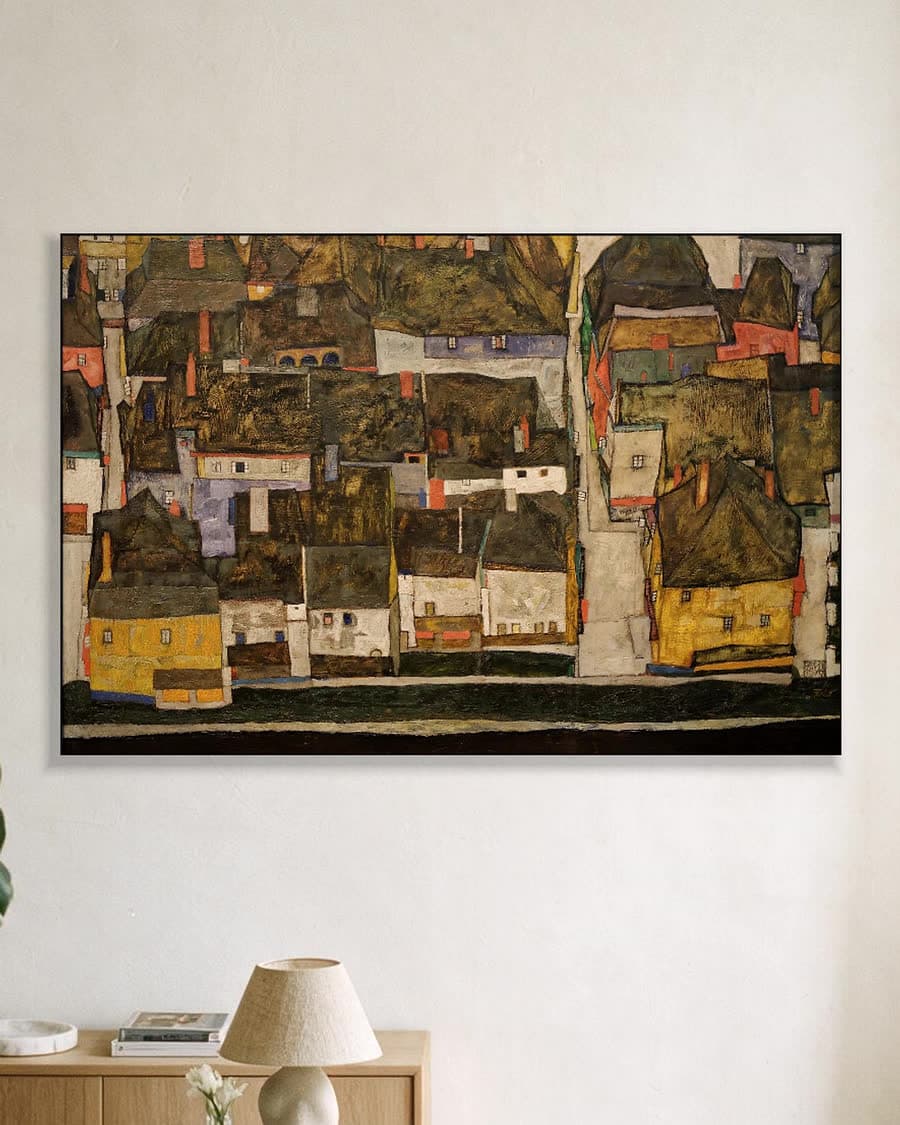 De kleine stad IV (Krumau aan de Moldau) in een aluminium frame aan dezelfde muur