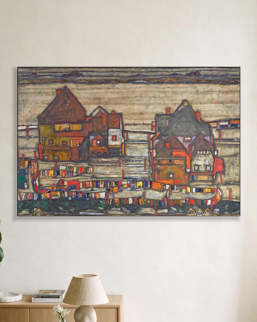 Huizen met wasgoed (Voorstad II) in een aluminium frame aan dezelfde muur