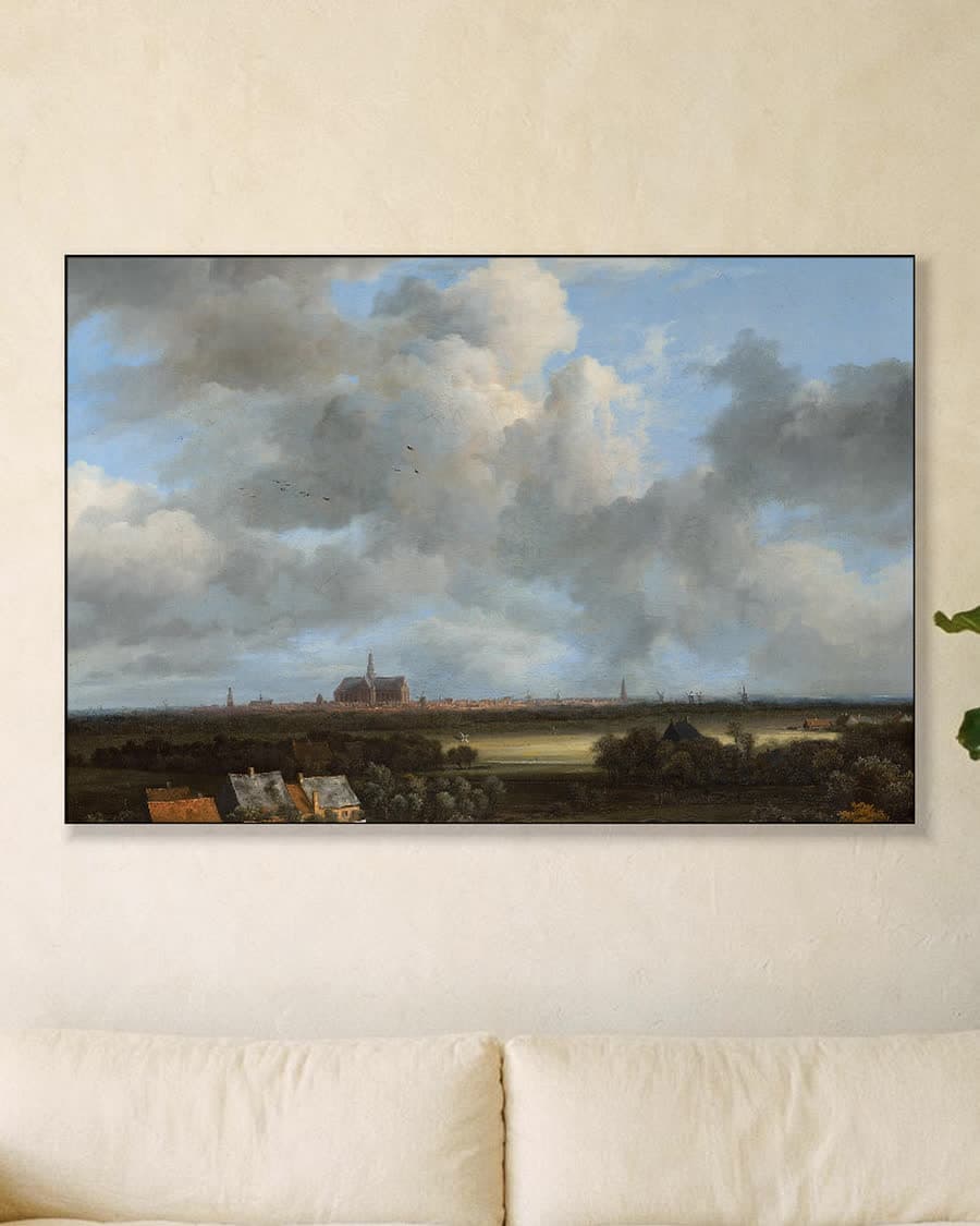Gezicht op Haarlem met bleekvelden in een aluminium frame aan dezelfde muur