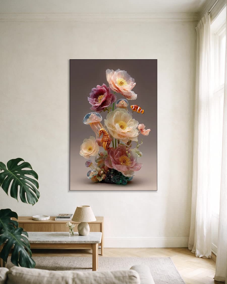 Onderwaterboeket in een aluminium frame aan dezelfde muur