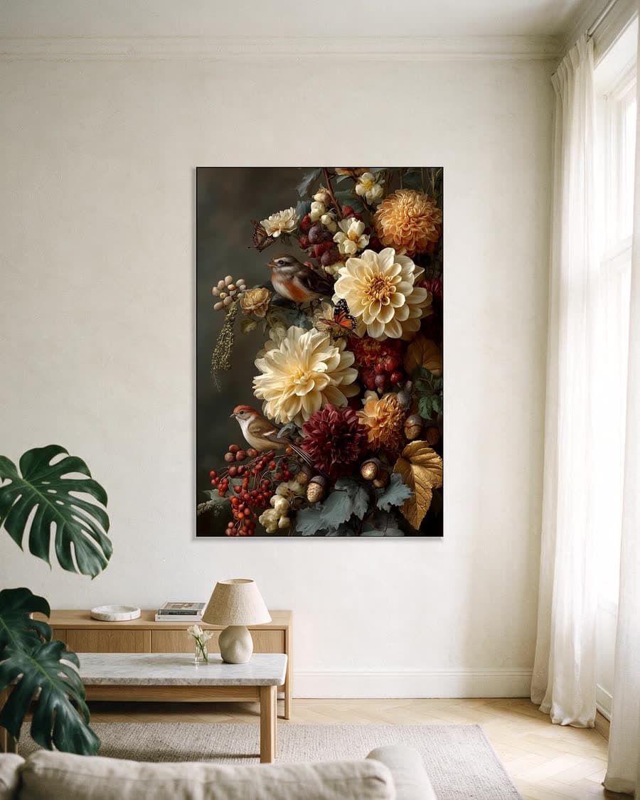 Herfstboeket met mussen in een aluminium frame aan dezelfde muur