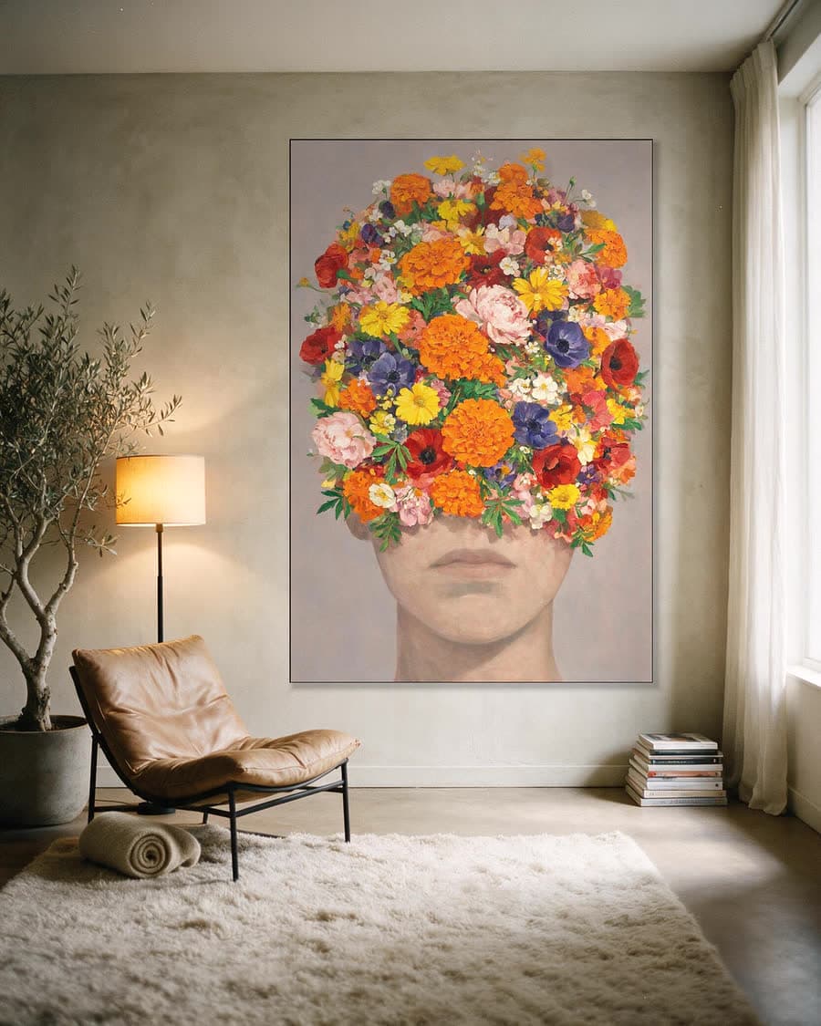 Aangesneden kop in een aluminium frame aan dezelfde muur