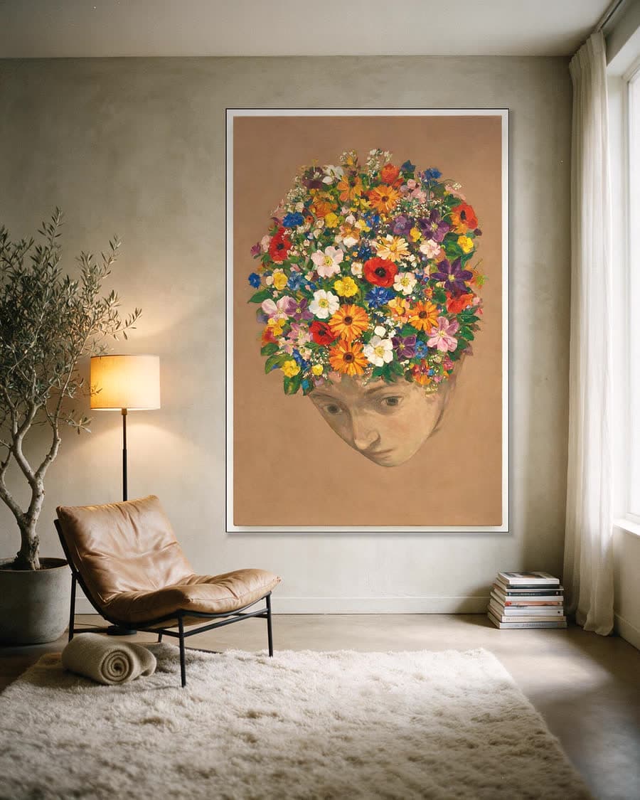 Gebogen hoofd in een aluminium frame aan dezelfde muur