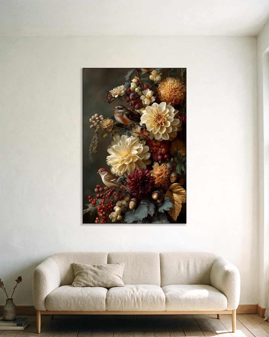 Herfstboeket met mussen in een aluminium frame aan dezelfde muur