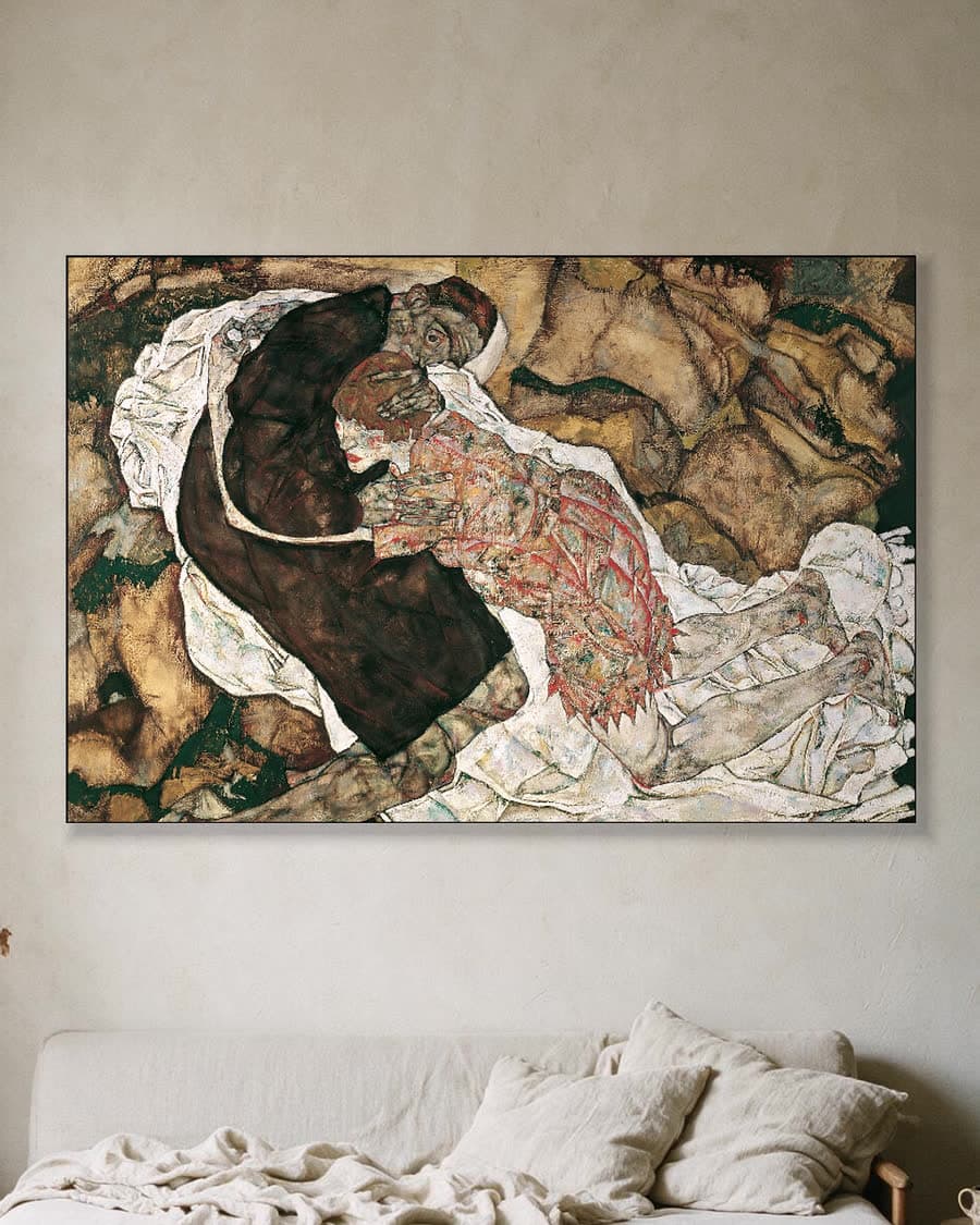 Dood en het meisje in een aluminium frame aan dezelfde muur