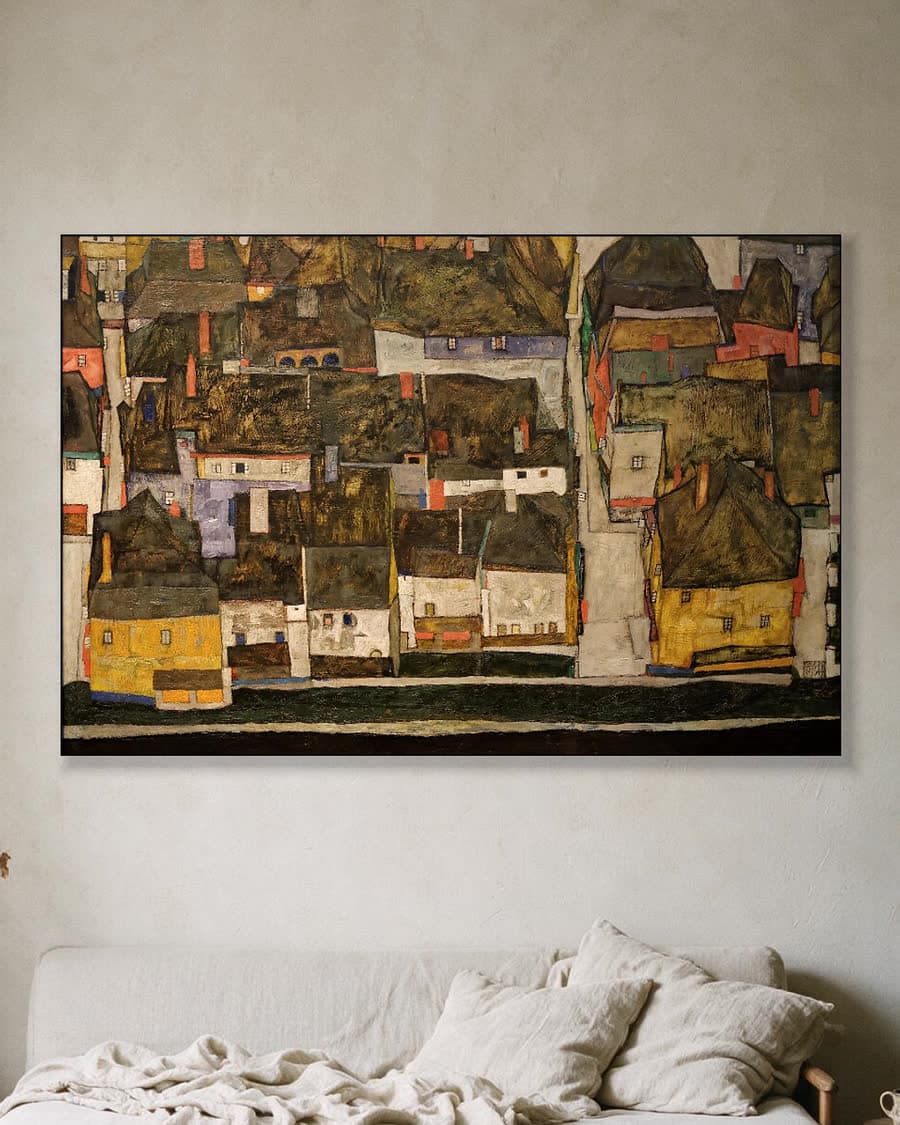 De kleine stad IV (Krumau aan de Moldau) in een aluminium frame aan dezelfde muur