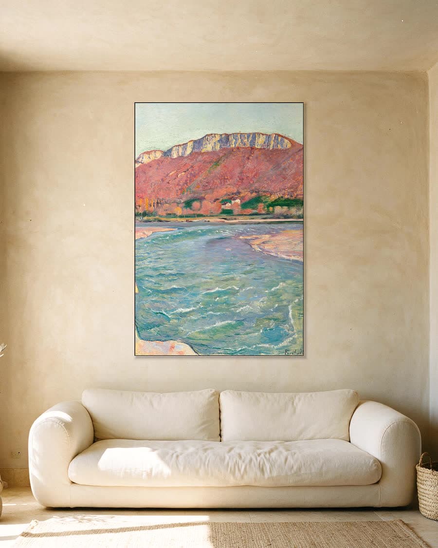 Berglandschap aan de rivier in een aluminium frame aan dezelfde muur