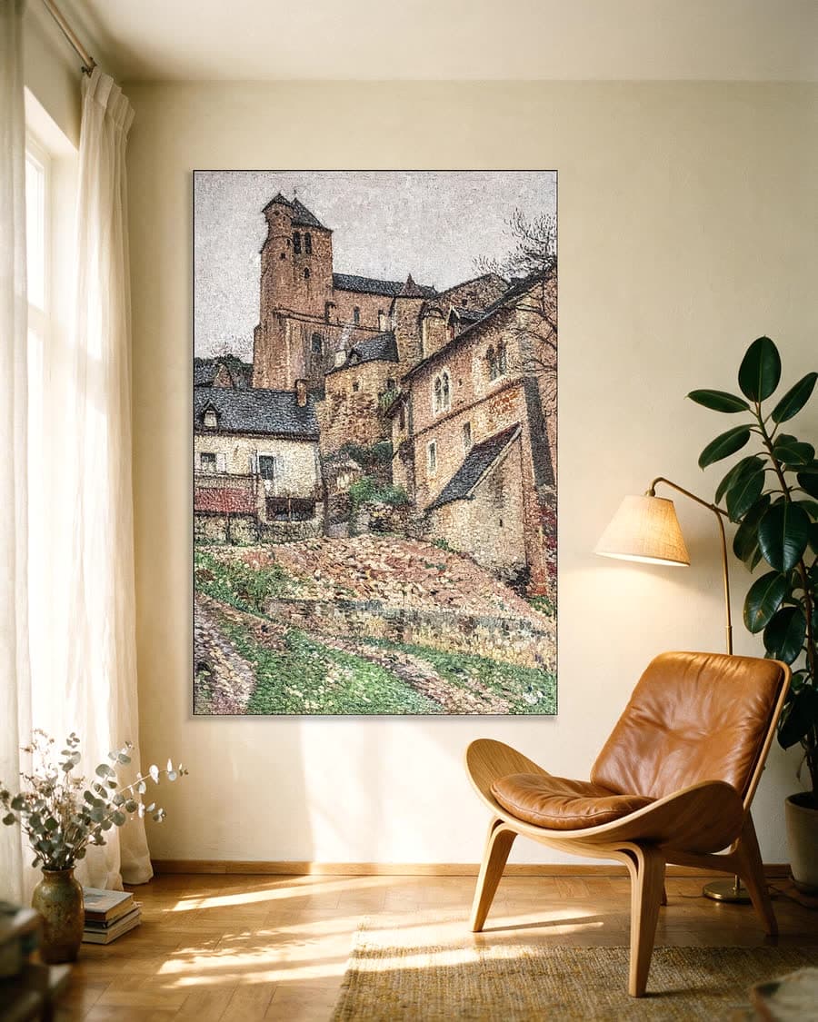 Dorp op de heuvel in een aluminium frame aan dezelfde muur