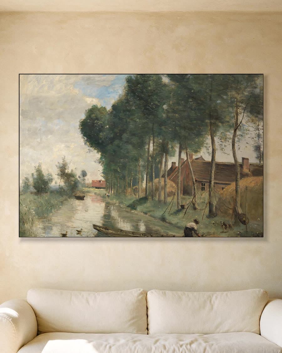 Dorpsgezicht aan het kanaal in een aluminium frame aan dezelfde muur