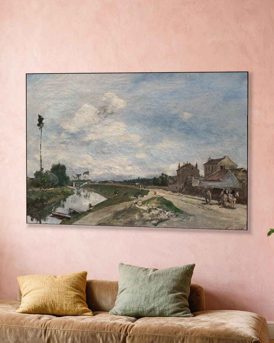 Dorpsgezicht aan het water in een aluminium frame aan dezelfde muur