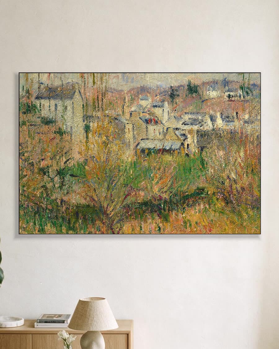 Dorpsgezicht door de bomen in een aluminium frame aan dezelfde muur