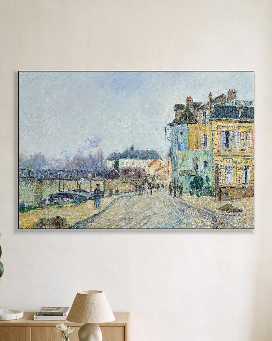 De kade van de Oise bij Pontoise in een aluminium frame aan dezelfde muur