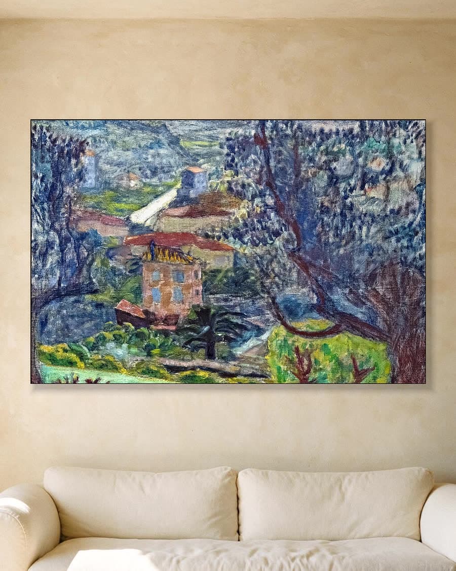 Dorpsgezicht in de vallei in een aluminium frame aan dezelfde muur